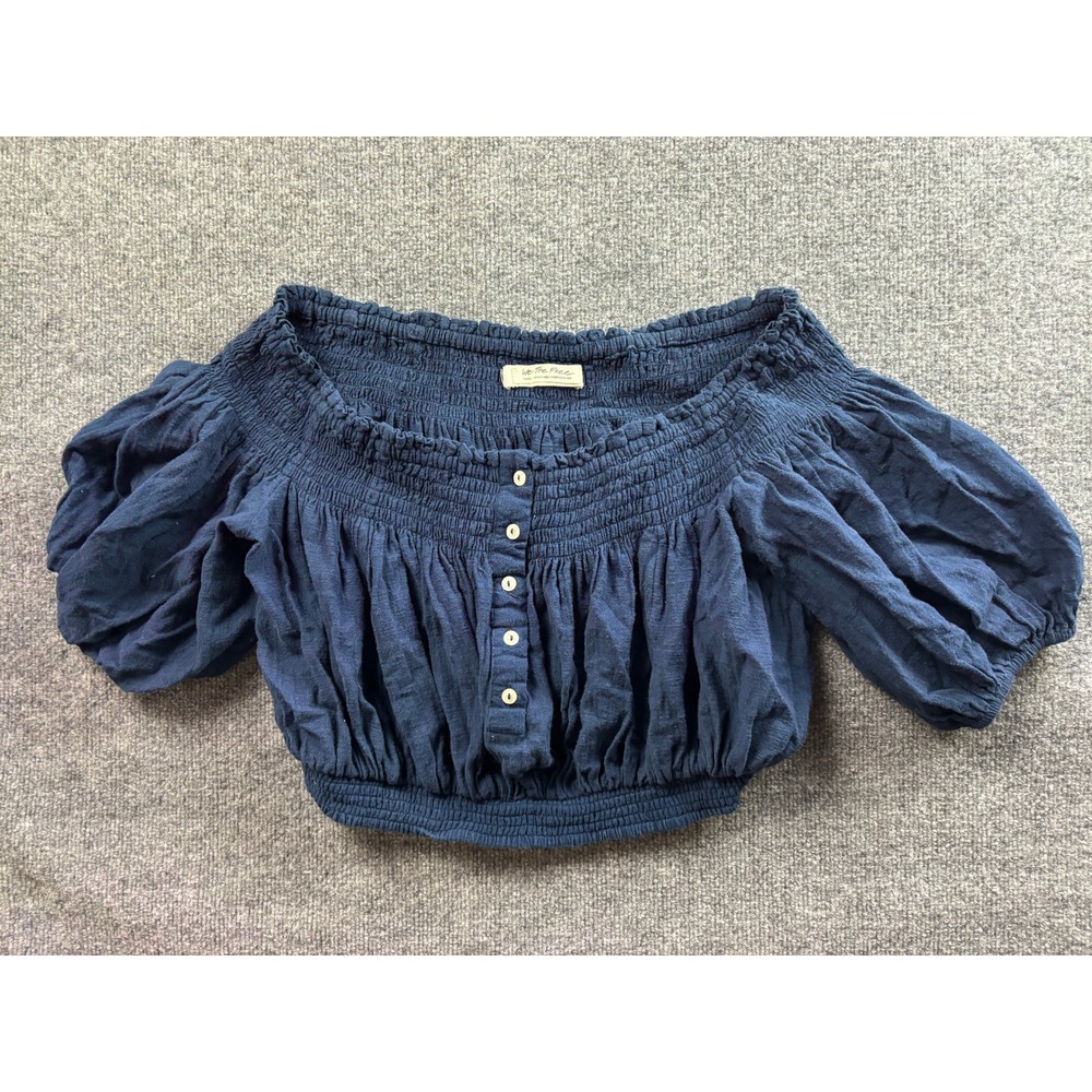 We The Free Crop Top Womens Small Navy Blue Smocked Off The Shoulder Puff Sleeve